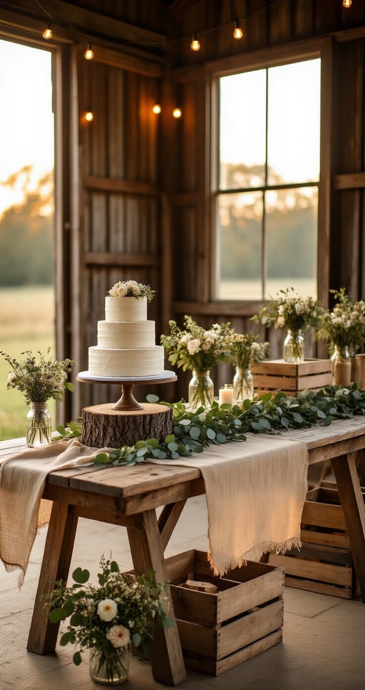 How to Style a Rustic Wedding Dessert Table That Looks Like It Came Straight Off Pinterest A rustic wedding dessert table set inside a weathered barn, featuring a semi-naked three-tier cake on a tree stump stand, surrounded by eucalyptus garlands and wildflower mason jars, illuminated by golden hour light streaming through sliding barn doors.