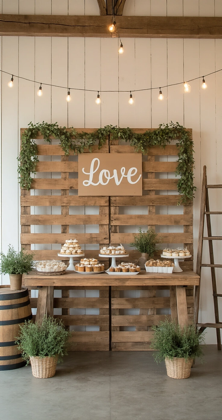 How to Style a Rustic Wedding Dessert Table That Looks Like It Came Straight Off Pinterest A rustic wedding dessert table with a wooden LOVE sign and potted herbs set against a whitewashed plank wall, illuminated by ambient lighting and string lights, featuring a tall barrel on one side and a weathered ladder on the other, all presented in warm colors.
