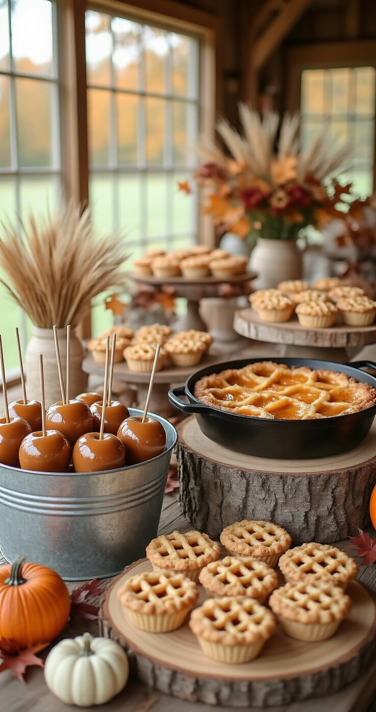How to Style a Rustic Wedding Dessert Table That Looks Like It Came Straight Off Pinterest A rustic autumn wedding dessert table styled inside a farmhouse, featuring caramel apples in a galvanized tub, peach cobbler in a cast iron skillet, and mini lattice pies on a wooden platter, adorned with small decorative pumpkins, dried wheat, and maple leaves, complemented by eucalyptus garlands and warm afternoon light.
