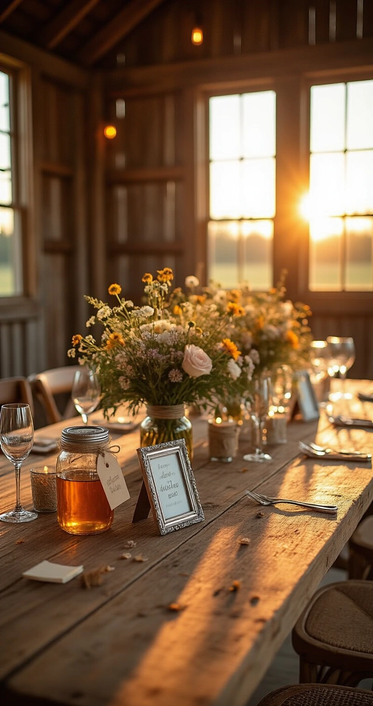 Rustic Wedding Favors Your Guests Will Actually Want to Keep (And Not Leave on the Table) A rustic barn reception table at golden hour, featuring a weathered oak farmhouse table adorned with scattered wedding favors and champagne flutes, while a mason jar of honey and dried wildflowers serve as a glowing centerpiece, all captured in warm siennas, dusty creams, and muted sage hues.