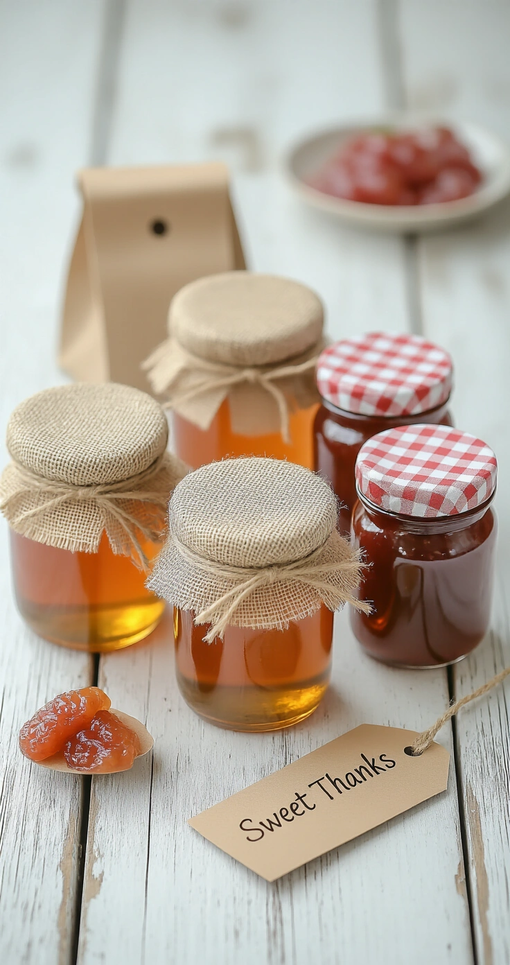 Rustic Wedding Favors Your Guests Will Actually Want to Keep (And Not Leave on the Table) Close-up of rustic wedding favors on weathered barn wood; featuring amber honey jars wrapped in burlap, mini mason jars of strawberry rhubarb jam with gingham tops, and kraft paper bags of candied pecans, adorned with dried lavender and chamomile.