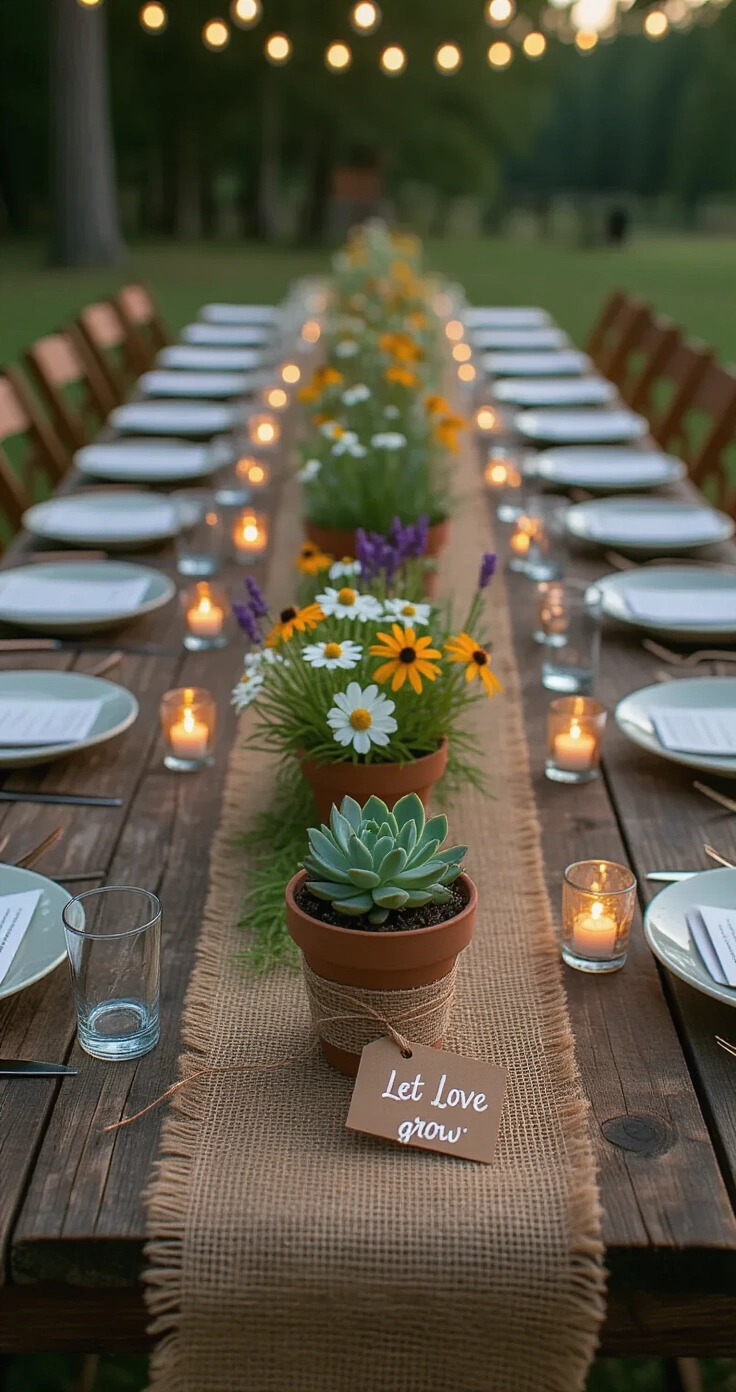 Rustic Wedding Favors Your Guests Will Actually Want to Keep (And Not Leave on the Table) A rustic outdoor wedding reception table set at blue hour, featuring a long reclaimed pine table with twelve place settings, each adorned with a mini terracotta pot succulent wrapped in burlap and a tag reading 'Let Love Grow.' The table runner consists of wildflower bundles and glowing amber votives, with Edison string lights above creating a warm, intimate atmosphere.