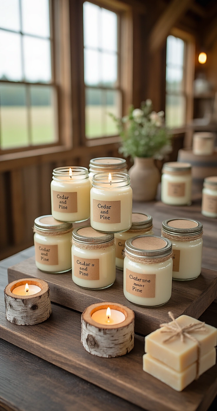 Rustic Wedding Favors Your Guests Will Actually Want to Keep (And Not Leave on the Table) A rustic candle and spa wedding favors display featuring hand-poured ivory mason jar candles with kraft paper tags, wooden tealight holders, and handmade soap wrapped in kraft paper, all set against a dark walnut surface in a dimly lit barn, with warm amber lighting highlighting the textures.