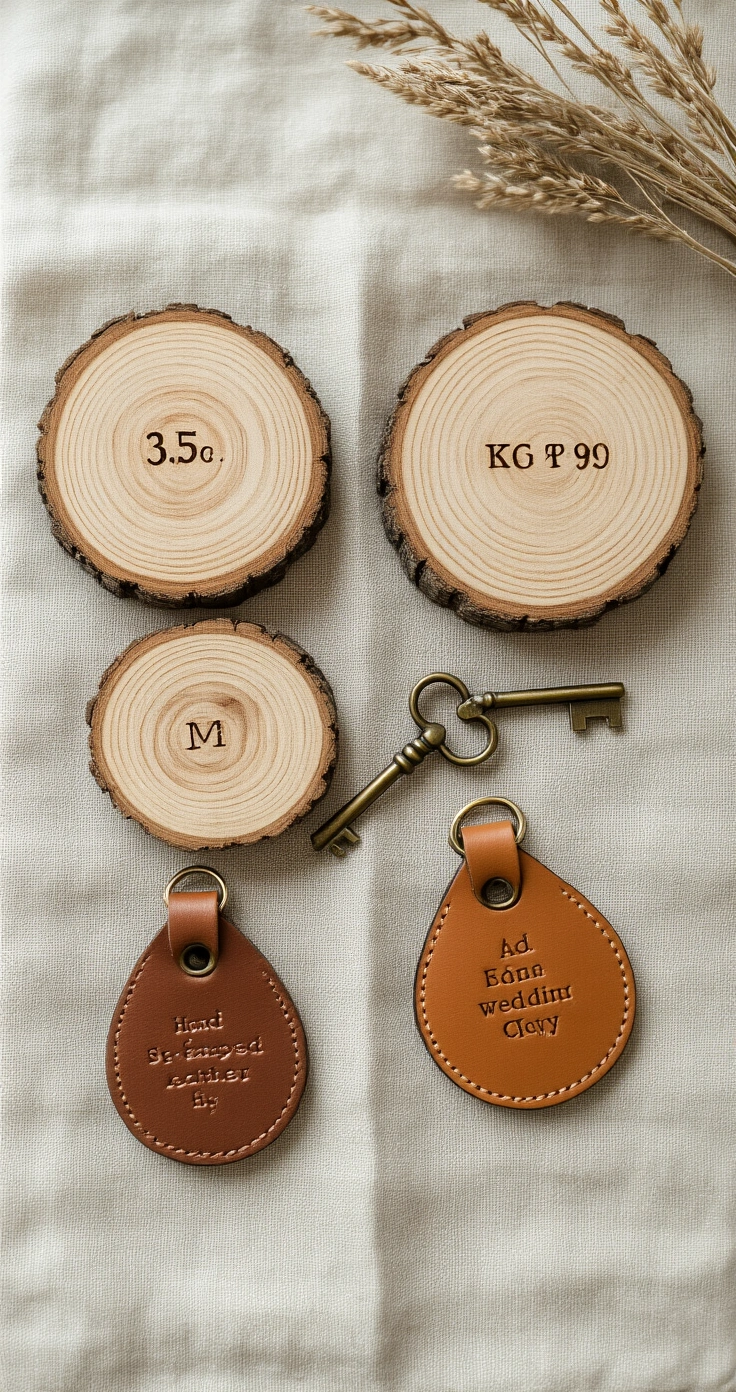 Rustic Wedding Favors Your Guests Will Actually Want to Keep (And Not Leave on the Table) Aerial view of rustic wedding favors including circular tree-slice coasters with burned initials, an antique brass skeleton key bottle opener, and hand-stamped cognac leather keychains, arranged on raw linen fabric with dried wildflower heads and jute twine accents.