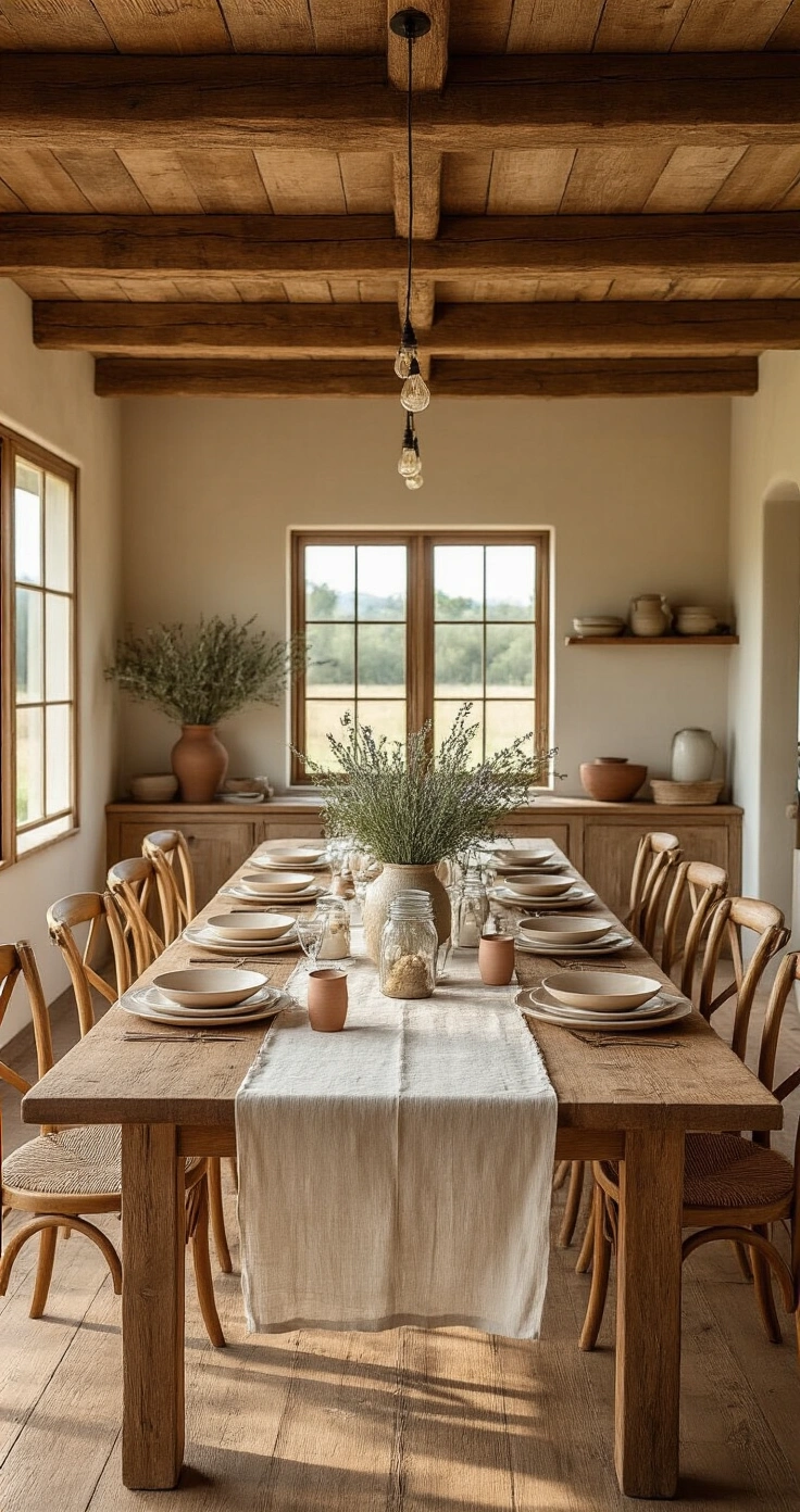 Rustic Wedding Ideas That Actually Feel Like *You* (Not a Pinterest Board) An inviting farmhouse interior bathed in golden hour light, featuring a long harvest table adorned with linen runners, wildflowers, and rosemary, under rustic timber beams and warm string lights.