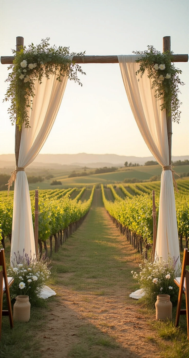 Rustic Wedding Ideas That Actually Feel Like *You* (Not a Pinterest Board) A rustic wedding ceremony space featuring a wooden arch adorned with ivory linen, eucalyptus, dried pampas grass, and wildflowers, set in a vineyard during golden hour, with a dirt aisle lined by mason jars on shepherd hooks and scattered lavender petals.