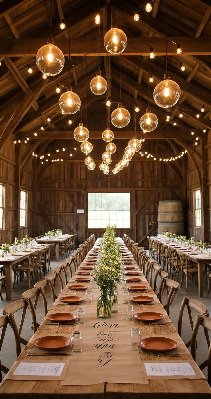 Rustic Wedding Ideas That Actually Feel Like *You* (Not a Pinterest Board) A rustic barn reception interior with soaring timber rafters, adorned with Edison bulbs and glass lanterns, featuring long reclaimed oak tables dressed in kraft paper and wildflower arrangements, creating a warm and magical atmosphere.
