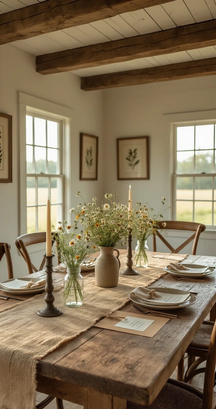Rustic Wedding Invitations: Design Ideas, Wording, and DIY Tips That Actually Work A cozy rustic farmhouse dining room bathed in warm golden light, featuring a reclaimed oak farm table adorned with a burlap runner, wildflower arrangements in mason jars, and flickering candles, surrounded by pressed botanical art on the walls.
