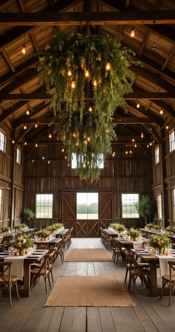 Rustic Wedding Invitations: Design Ideas, Wording, and DIY Tips That Actually Work A rustic barn interior at dusk featuring cathedral ceilings with timber trusses adorned with eucalyptus garlands and Edison string lights. Tables dressed in linen runners and decorated with wildflower centerpieces in metal buckets, wooden slice chargers, and vintage amber glass votives. Aged wooden flooring with jute rugs, set in a color palette of deep forest green, warm cream, and antique brass, creating a festive and intimate atmosphere.