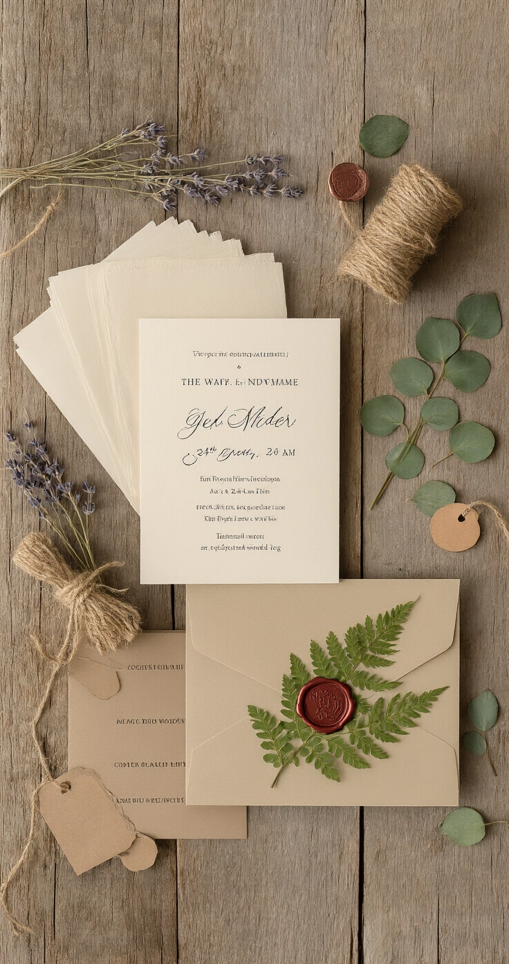 Rustic Wedding Invitations: Design Ideas, Wording, and DIY Tips That Actually Work A flat-lay arrangement of a kraft paper invitation suite on a reclaimed pine surface, featuring dried lavender, a pressed fern, eucalyptus leaves, natural jute twine, a burgundy wax seal, a copper-toned envelope liner, and a laser-engraved wooden tag, all illuminated by soft north-facing light, with a vellum overlay adding texture.
