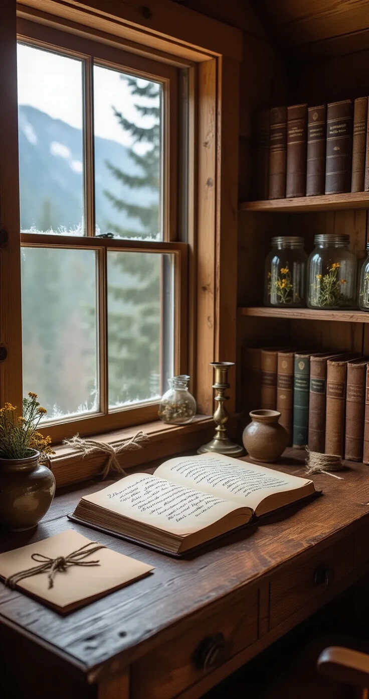 Rustic Wedding Invitations: Design Ideas, Wording, and DIY Tips That Actually Work A cozy mountain cabin study nook featuring a vintage oak writing desk with an open leather journal, ink well, wildflower specimens, kraft paper envelopes tied with twine, and a brass candlestick, against a backdrop of bookshelves filled with botanical jars and leather books, all in soft overcast light filtering through a frost-edged window.