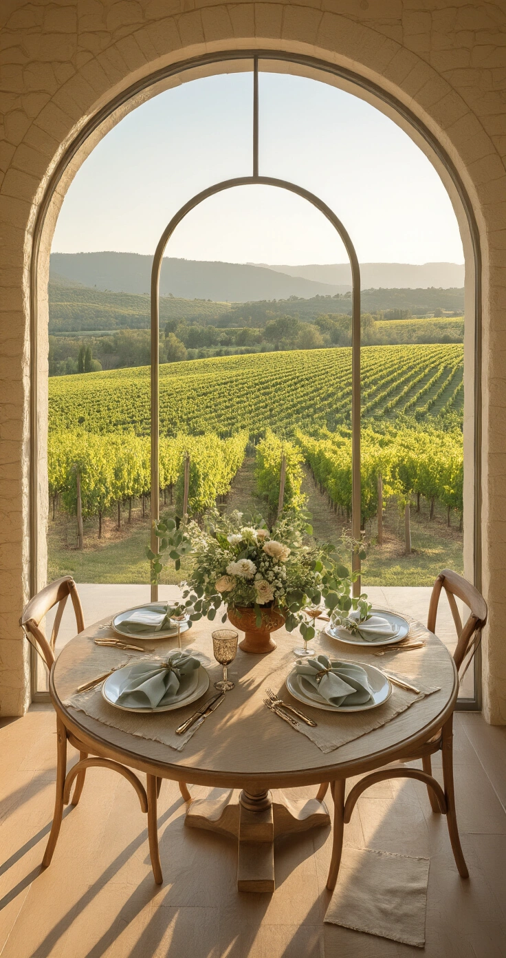 Rustic Wedding Invitations: Design Ideas, Wording, and DIY Tips That Actually Work A sunroom with floor-to-ceiling arched windows overlooks a lush vineyard; a round pedestal table is elegantly set with watercolor-illustrated place settings, soft linen napkins, gold foil menu cards, and a centerpiece of cascading eucalyptus in a terracotta urn, all bathed in warm golden hour light on honey-toned oak floors.