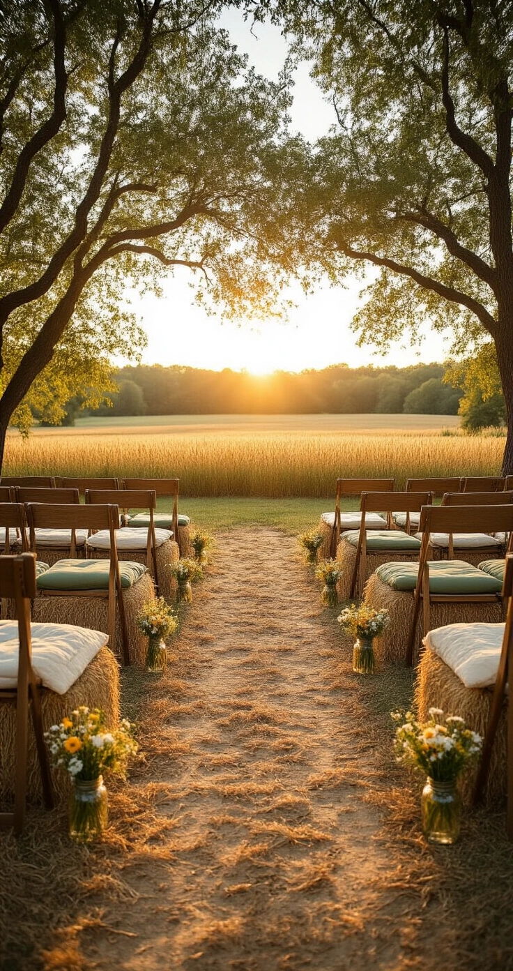 Rustic Wedding Seating Arrangements That Will Make Your Guests Say "Wow" A sun-drenched wedding ceremony in an open field at golden hour, featuring hay bales wrapped in natural burlap, cream quilts, sage green cushions, and wooden benches. A dirt aisle lined with mason jars of wildflowers leads to a flower-draped altar, with warm amber sunlight casting soft shadows across the scene.