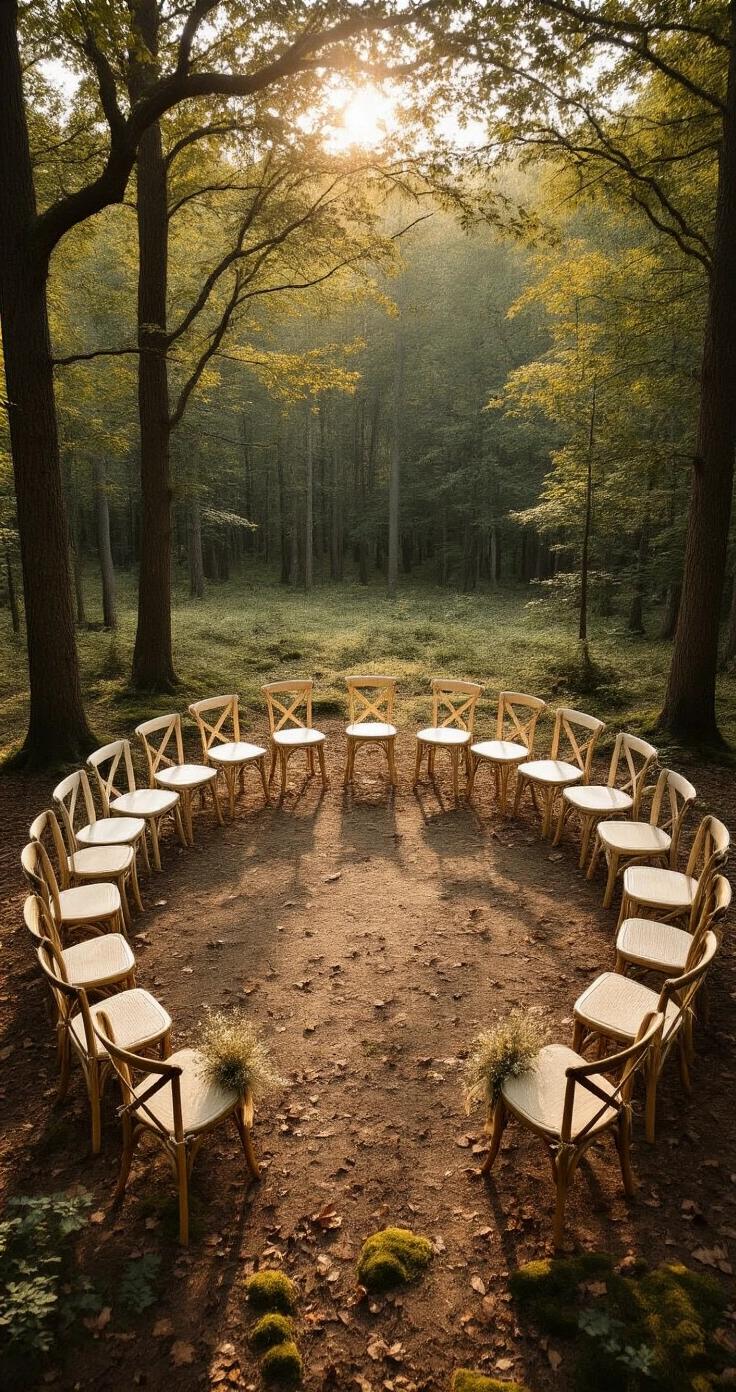 Rustic Wedding Seating Arrangements That Will Make Your Guests Say "Wow" Aerial view of a semi-circular wedding ceremony setup in a woodland clearing, featuring mismatched vintage chairs adorned with linen ribbons and wildflower bundles, surrounded by dappled golden light filtering through oak trees, with fallen leaves and moss on the forest floor.