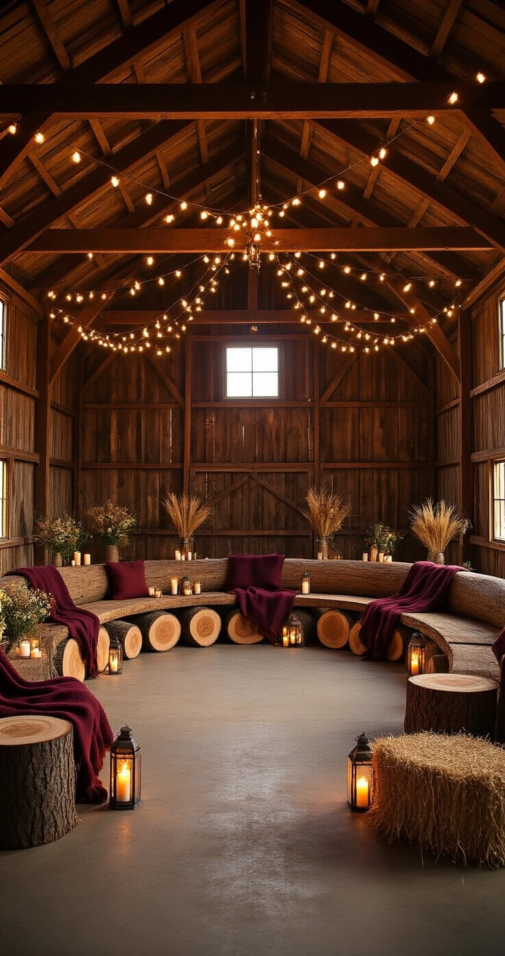 Rustic Wedding Seating Arrangements That Will Make Your Guests Say "Wow" Ground-level view of a rustic wedding setup inside a converted timber barn at dusk, featuring split log benches and hay bales draped with heavy wool blankets in deep colors, illuminated by iron lanterns and warm string lights, with wildflower and wheat bundles nestled between seating clusters.