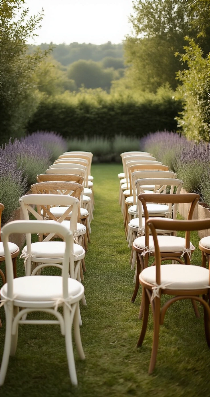 Rustic Wedding Seating Arrangements That Will Make Your Guests Say "Wow" Eye-level view of a mismatched vintage chair ceremony setup in an open garden, featuring forty uniquely styled chairs with cream linen cushions and dried lavender sprigs, arranged in uneven rows along a grassy aisle flanked by potted rosemary and lavender. The scene is illuminated by soft morning light, creating a charming and personal atmosphere.