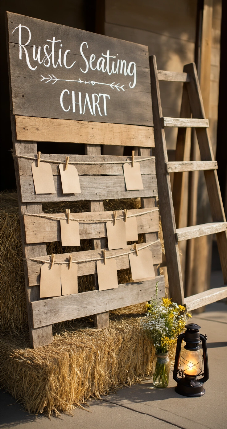 Rustic Wedding Seating Arrangements That Will Make Your Guests Say "Wow" Tight three-quarter angle shot of a rustic wedding seating chart vignette featuring a reclaimed pallet wood board with hand-lettered table names, a vintage wooden ladder displaying kraft paper escort cards, and small mason jars with wildflowers, all illuminated by a glowing oil lantern in warm golden light.