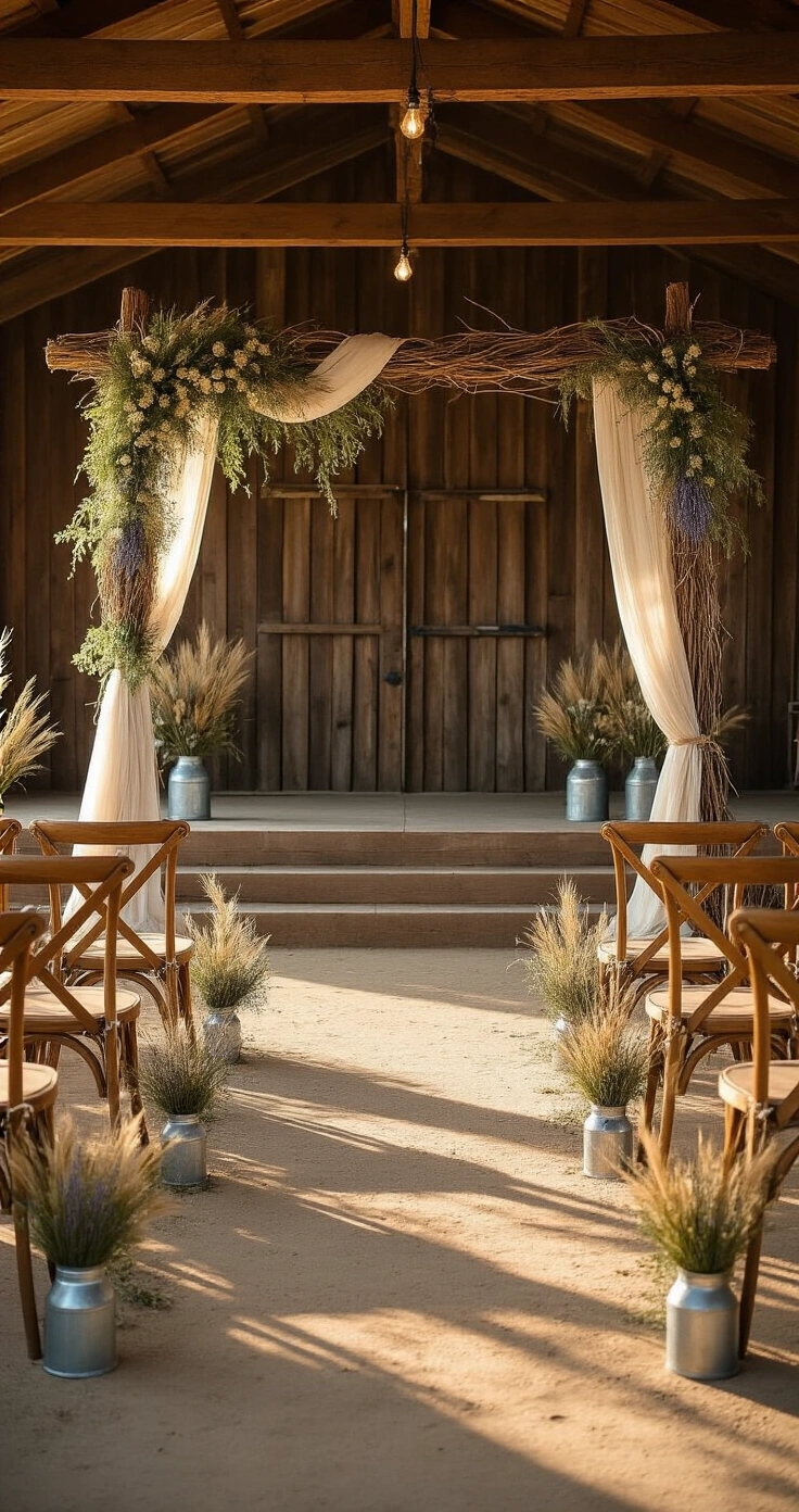 Rustic Wedding Ideas That Actually Work (No Barn Required) A rustic wedding ceremony space at golden hour, featuring a long aisle with weathered wooden chairs adorned with lavender bundles, a timber arch draped in eucalyptus and pampas grass, vintage milk jugs filled with wildflowers, and compacted earth strewn with rose petals, all bathed in warm amber sunlight.