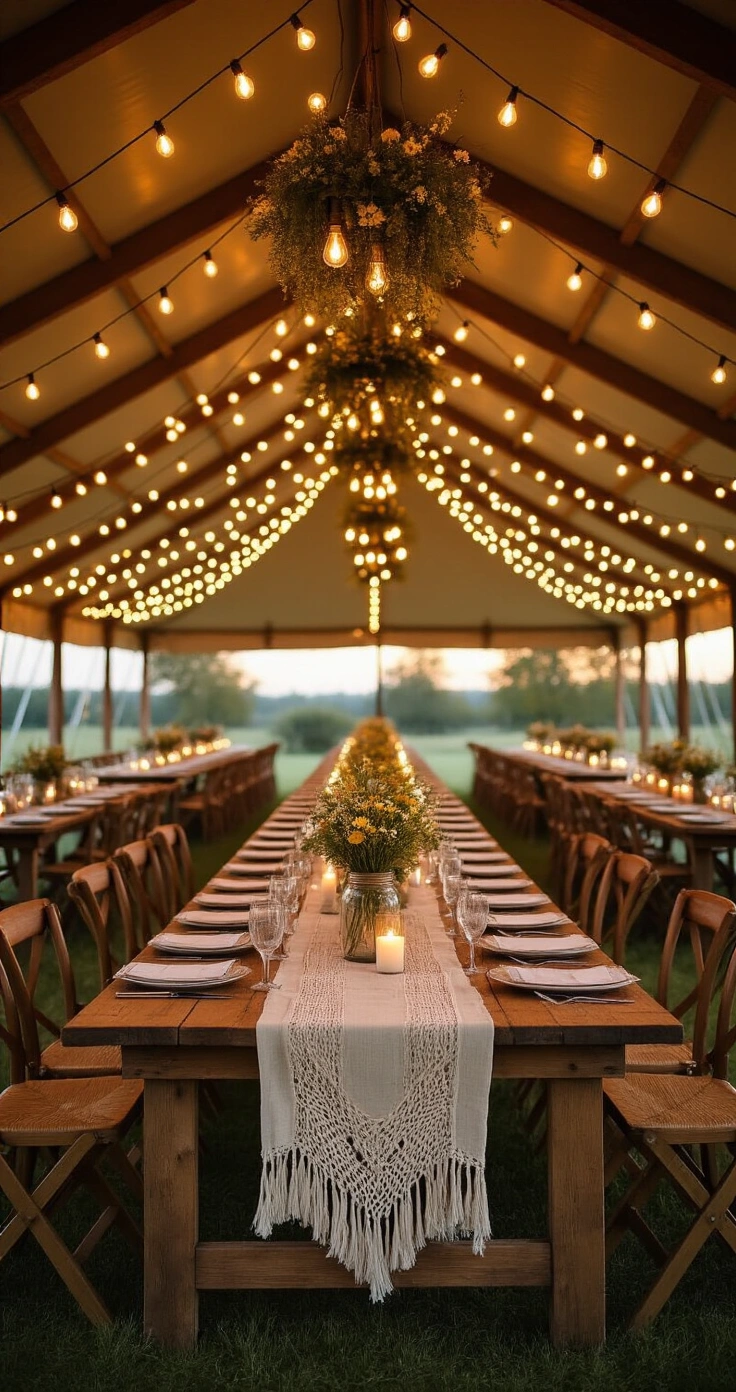 Rustic Wedding Ideas That Actually Work (No Barn Required) A rustic wedding reception tent at dusk, featuring warm Edison bulb lights overhead, long farm-style oak tables adorned with natural linen runners and macramé textile strips, clustered mason jar centerpieces with wildflowers, and cozy candlelight on smoke-stained wooden floors, creating an intimate and festive atmosphere.
