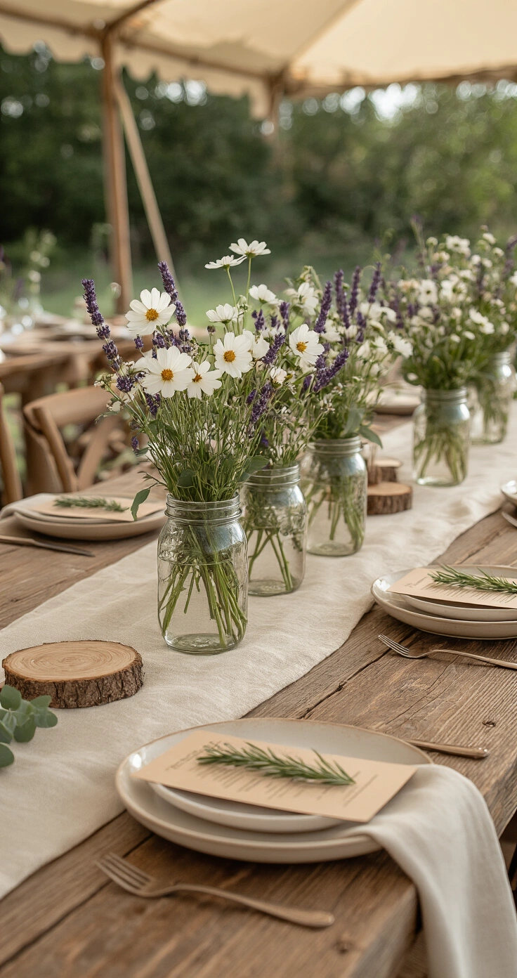 Rustic Wedding Ideas That Actually Work (No Barn Required) A rustic wedding reception tablescape featuring a long farm table with a muslin runner, mason jars of white cosmos and lavender, raw wood slice chargers, cream ceramic plates, and hand-lettered kraft paper menus, captured in warm, diffused afternoon light.