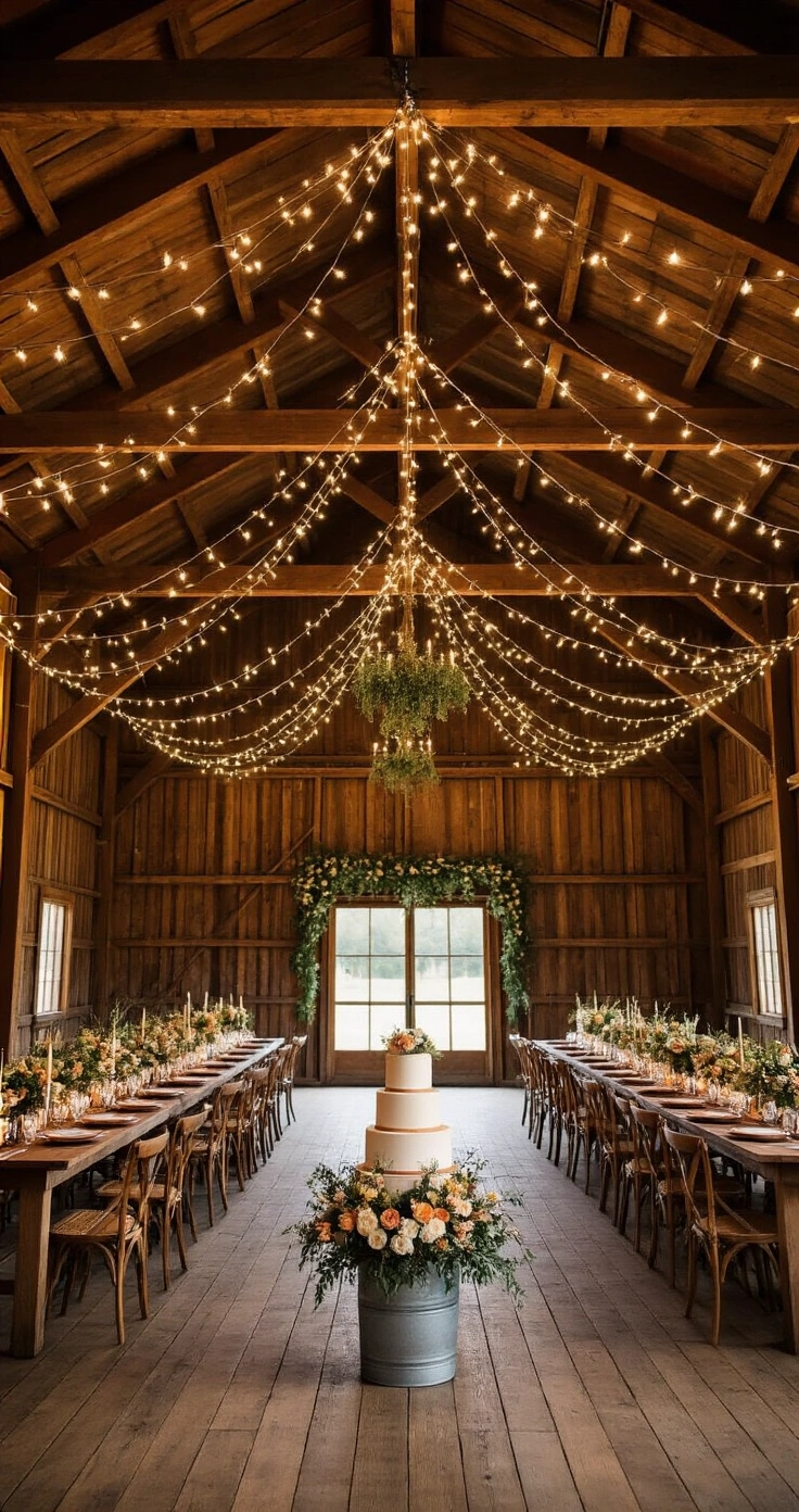 Rustic Wedding Ideas That Actually Work (No Barn Required) A warm, inviting wide-angle interior view of a rustic barn reception venue at night, featuring exposed Douglas fir beams draped with fairy lights, long farm tables set for a feast, and a three-tier wedding cake adorned with flowers, all illuminated by soft amber lighting.
