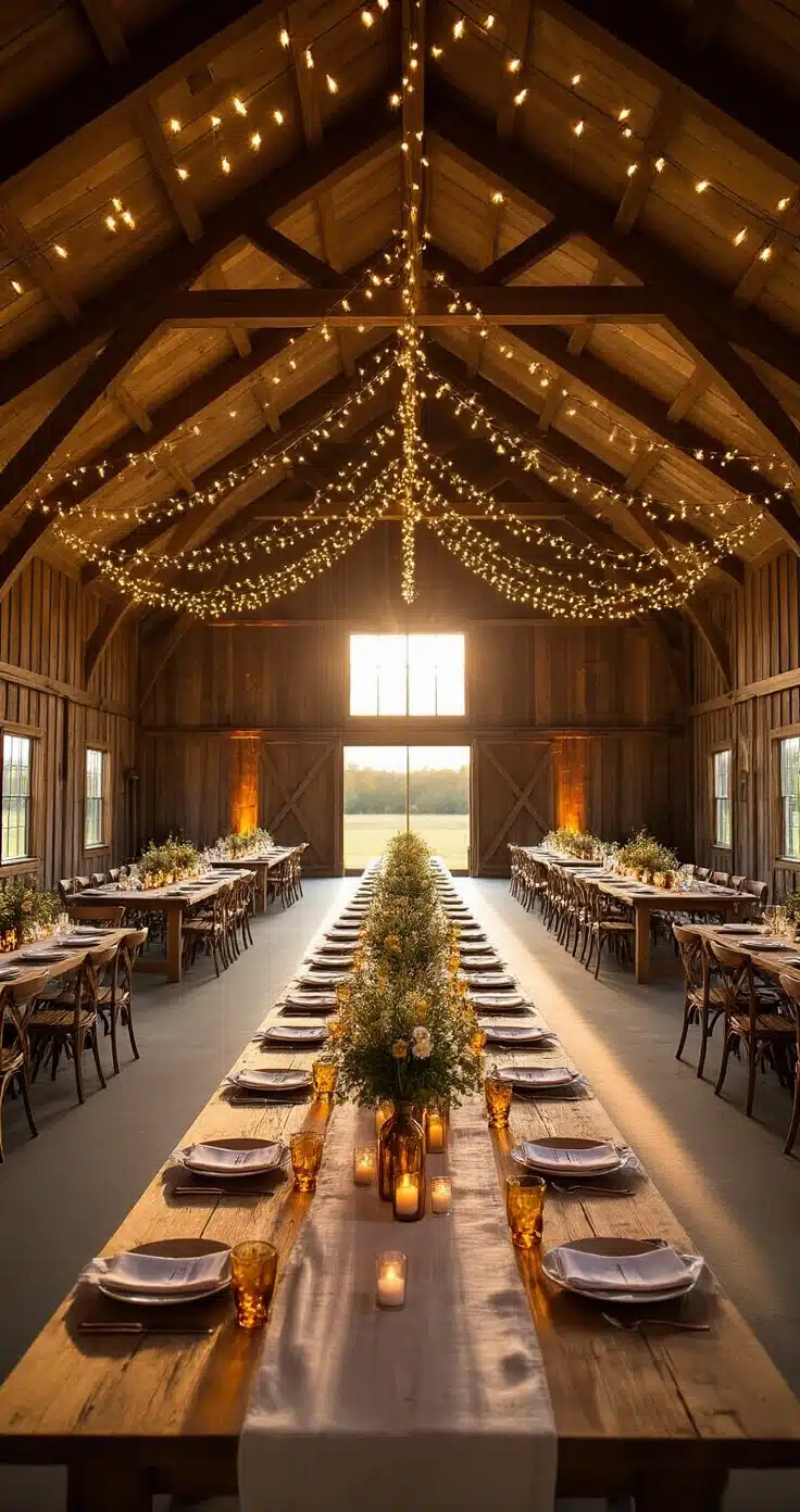 Rustic Wedding Venues: The Only Guide You'll Ever Need to Find Your Perfect Setting A stunning interior of a renovated wedding barn at golden hour, featuring cathedral ceilings, weathered beams, fairy lights, reclaimed walls, farmhouse tables with wildflower centerpieces, and a warm, dreamy atmosphere.