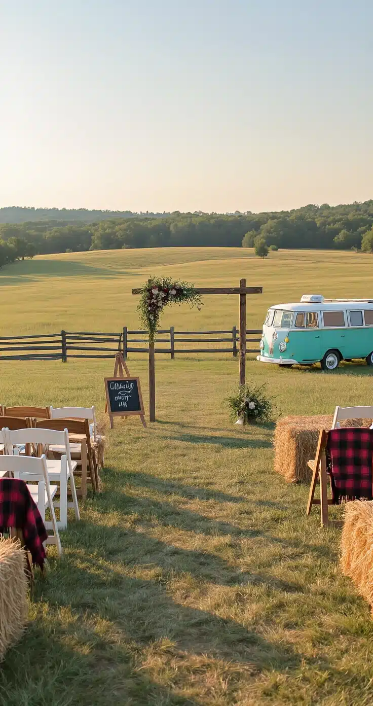 Rustic Wedding Venues: The Only Guide You'll Ever Need to Find Your Perfect Setting A warm, late afternoon scene of a wedding setting at a working ranch, featuring mismatched wooden chairs arranged in a grassy area, a chalkboard sign, a vintage turquoise food truck, hay bales with plaid blankets, and overflowing galvanized metal buckets of sunflowers and wildgrasses, all bathed in soft amber light.