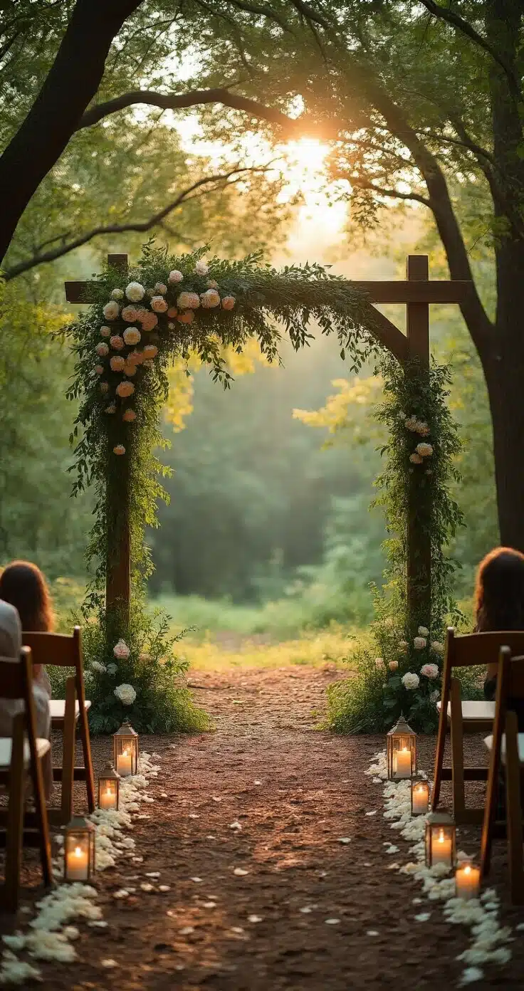 Rustic Wedding Venues: The Only Guide You'll Ever Need to Find Your Perfect Setting A romantic woodland ceremony scene with a wooden arch draped in eucalyptus and flowers, surrounded by dappled light filtering through oak trees, flat log slice markers, and iron lanterns with candles, set on a rich brown forest floor scattered with wildflower petals.