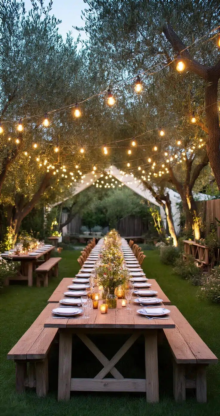 Rustic Wedding Venues: The Only Guide You'll Ever Need to Find Your Perfect Setting A picturesque backyard wedding scene at blue hour, featuring a boho-style white sailcloth marquee with warm Edison lights, rustic farmhouse tables decorated with mismatched vintage china and wildflowers, illuminated by glowing string lights draped through olive trees and along a timber fence, alongside a DIY wooden bar station with a chalkboard cocktail menu.