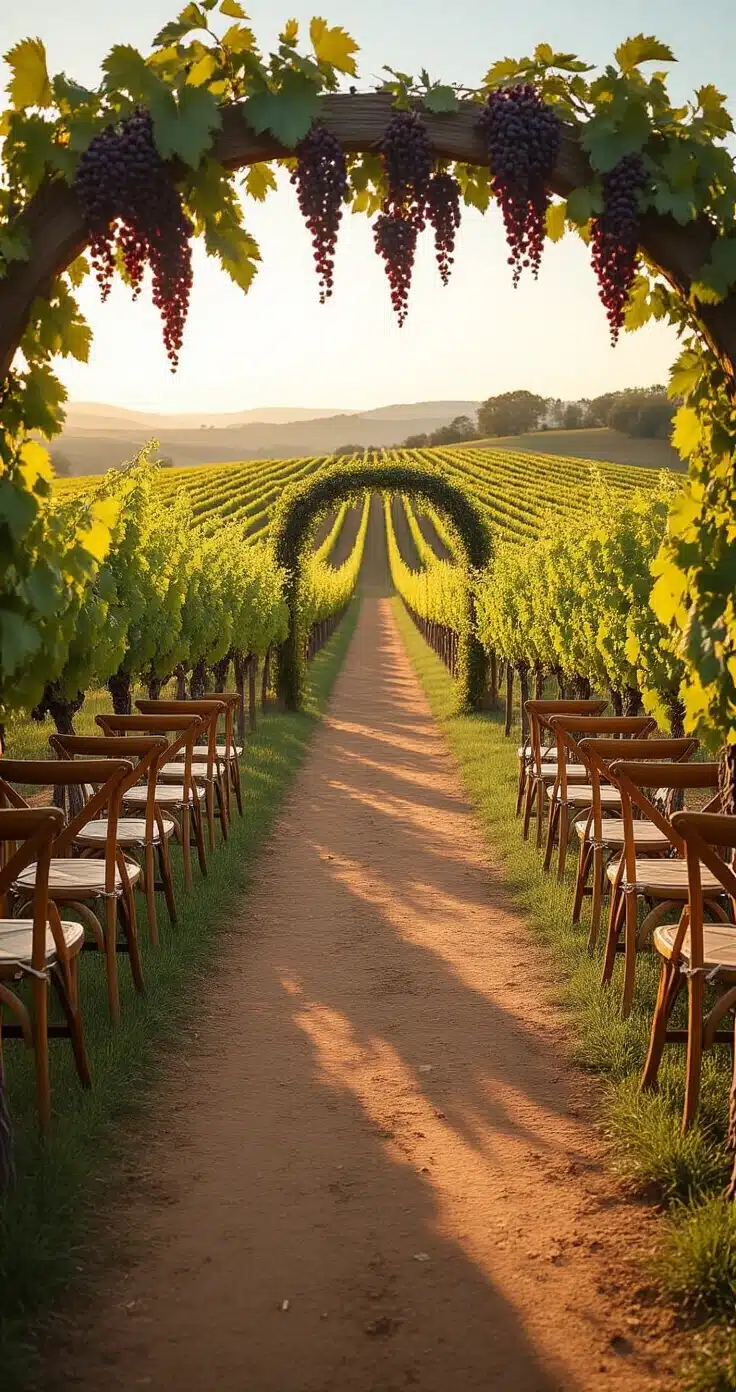 Rustic Wedding Venues: The Only Guide You'll Ever Need to Find Your Perfect Setting A picturesque vineyard ceremony at golden hour, featuring ancient burgundy-laden grapevines leading to a simple wooden arch adorned with greenery and dried flowers, flanked by unfinished oak chairs along a grassy aisle, all bathed in warm amber light.