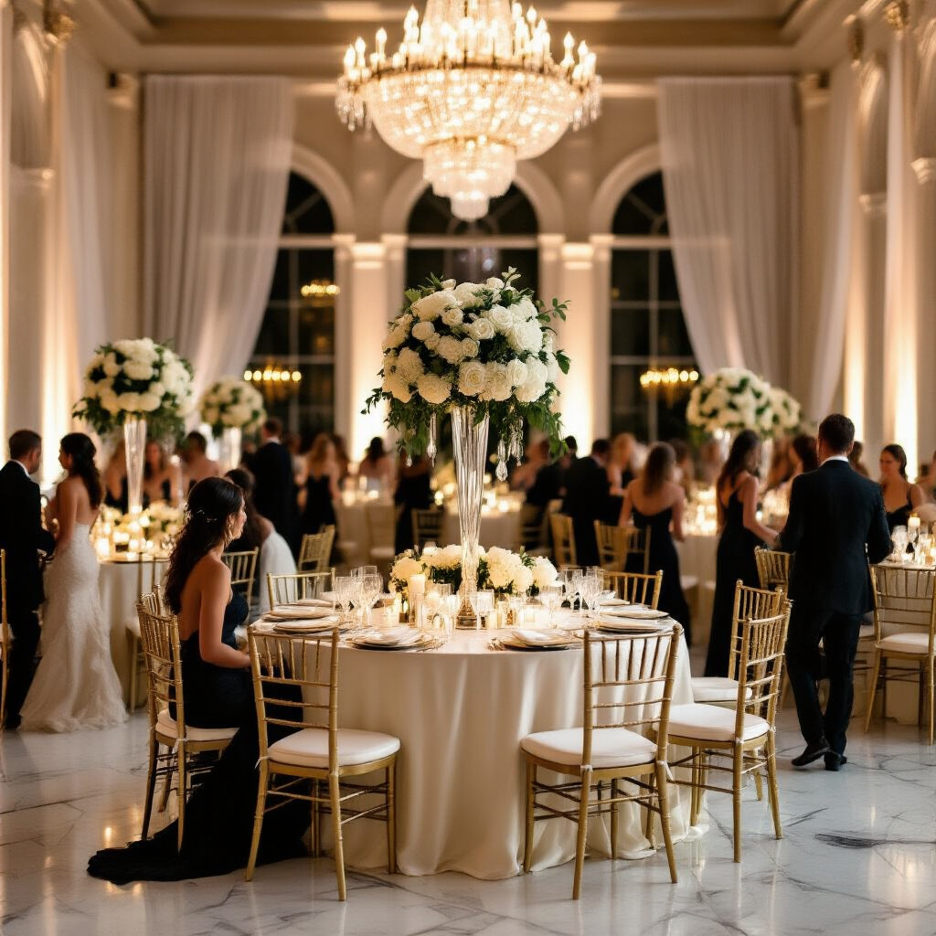 Wedding Guest Hairstyles: The Only Guide You'll Ever Need A wide-angle view of an opulent black-tie wedding reception ballroom adorned with ivory silk linens, crystal chandeliers, and elegant centerpieces of white garden roses, creating a grand and timelessly elegant atmosphere.