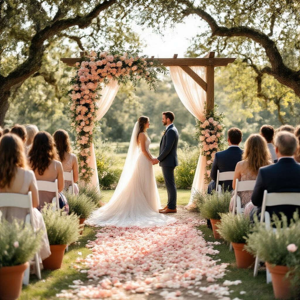 Wedding Guest Hairstyles: The Only Guide You'll Ever Need An overhead flat-lay view of a sunlit garden wedding ceremony featuring a rustic wooden arch adorned with blush peonies, dusty miller, and ivory ribbon, surrounded by white chairs flanking a petal-strewn aisle. Guests in flowing dresses move gracefully under oak trees, with terracotta planters of sage and lavender adding to the enchanting atmosphere, all bathed in warm golden hour light.