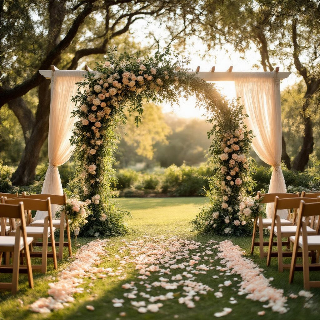 Sage Green Weddings: The Complete Guide to Planning, Styling, and Photographing Your Dream Day A romantic garden wedding ceremony at golden hour, featuring a lush arch of silver dollar eucalyptus, olive branches, and ranunculus, framed by natural whitewashed chairs and a petal-lined aisle under dappled sunlight.