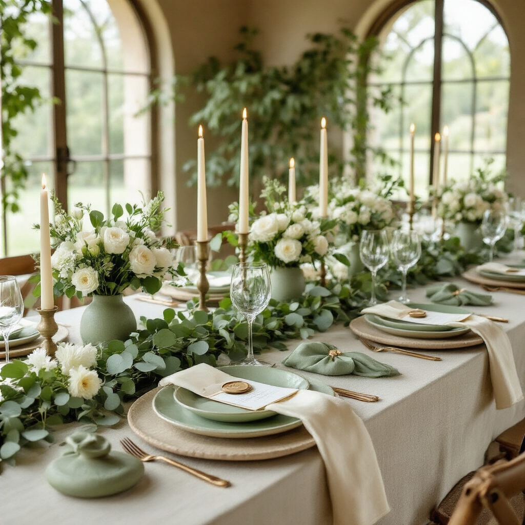 Sage Green Weddings: The Complete Guide to Planning, Styling, and Photographing Your Dream Day Overhead flat-lay shot of an elegant sage green wedding tablescape featuring textured ivory linen, a sage green runner, and eucalyptus garlands. Place settings include matte stone chargers, cream ribbed plates, sage napkins tied with ivory silk ribbon, and gold wax seals. Ivory taper candles in gold holders and low centerpieces with white flowers and grasses add to the soft, luxurious atmosphere. Handwritten place cards in sage ink complete the setting.