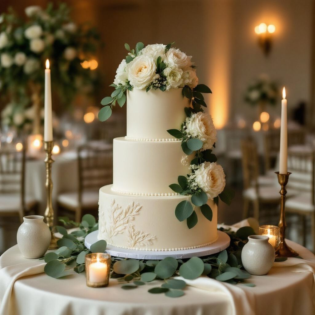 Sage Green Weddings: The Complete Guide to Planning, Styling, and Photographing Your Dream Day Cinematic close-up of a sage green wedding cake table featuring a three-tiered ivory buttercream cake adorned with botanical sage leaf detailing, set against a softly lit ballroom with ivory silk linen, illuminated by warm candlelight and embellished with eucalyptus, hydrangea, and garden roses.