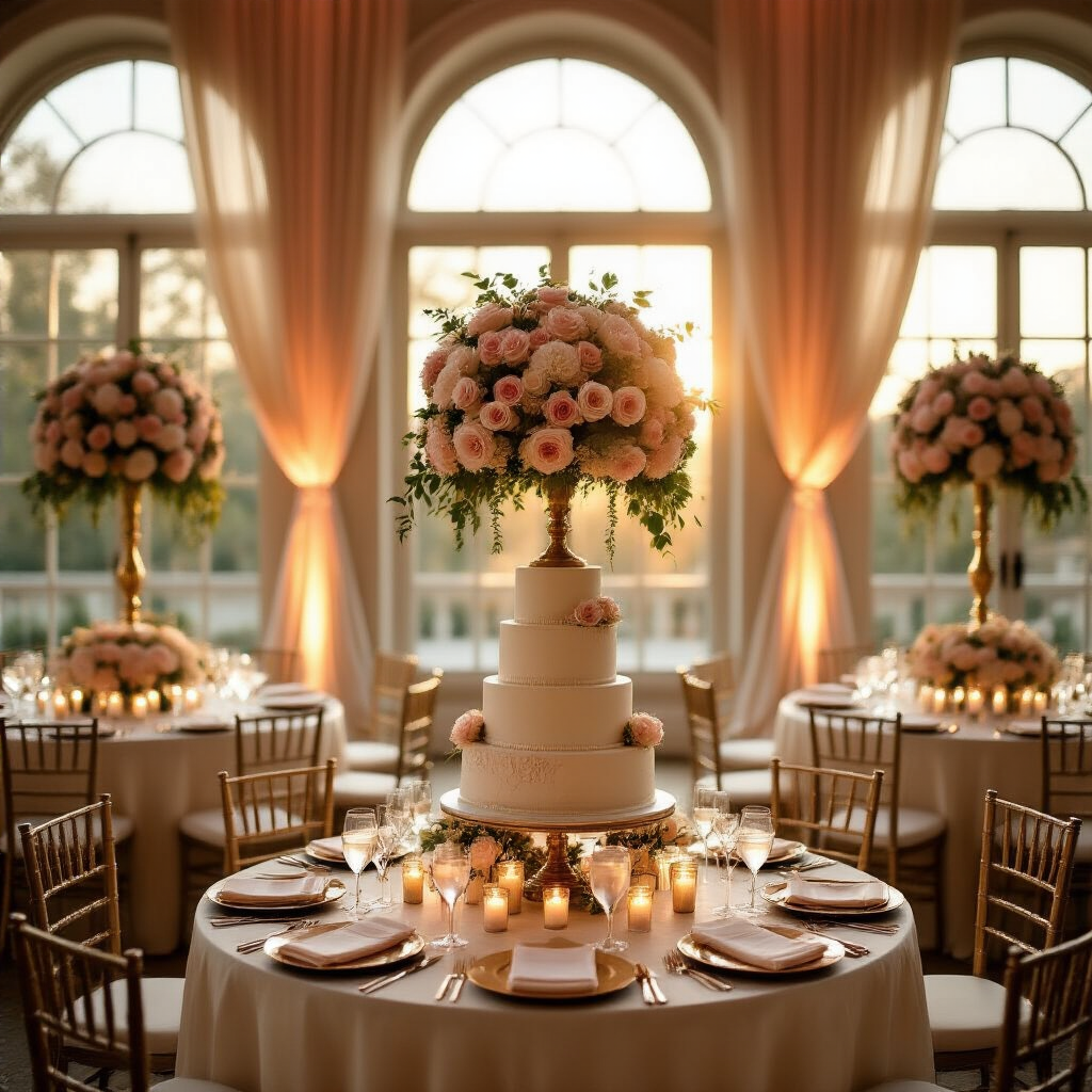 Wedding Color Schemes: The Only Guide You Need to Plan a Palette You'll Love Forever A romantic indoor ballroom wedding reception bathed in golden hour light, featuring round tables with ivory silk linens and towering floral centerpieces, gold taper candles, champagne and cream silk chiffon drapery, and a five-tier cake adorned with blush florals and gold leaf detailing.
