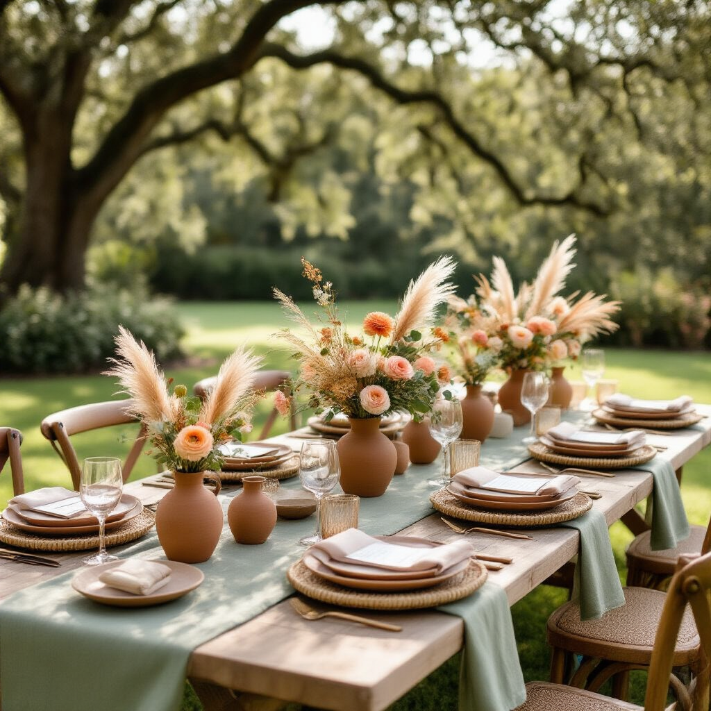 Wedding Color Schemes: The Only Guide You Need to Plan a Palette You'll Love Forever Overhead view of a beautifully styled outdoor wedding tablescape with sage green and blush pink accents on a manicured lawn, featuring terracotta vases with dried flowers, ceramic dinnerware, rattan chargers, and ribbon-wrapped menus, all bathed in soft morning light.