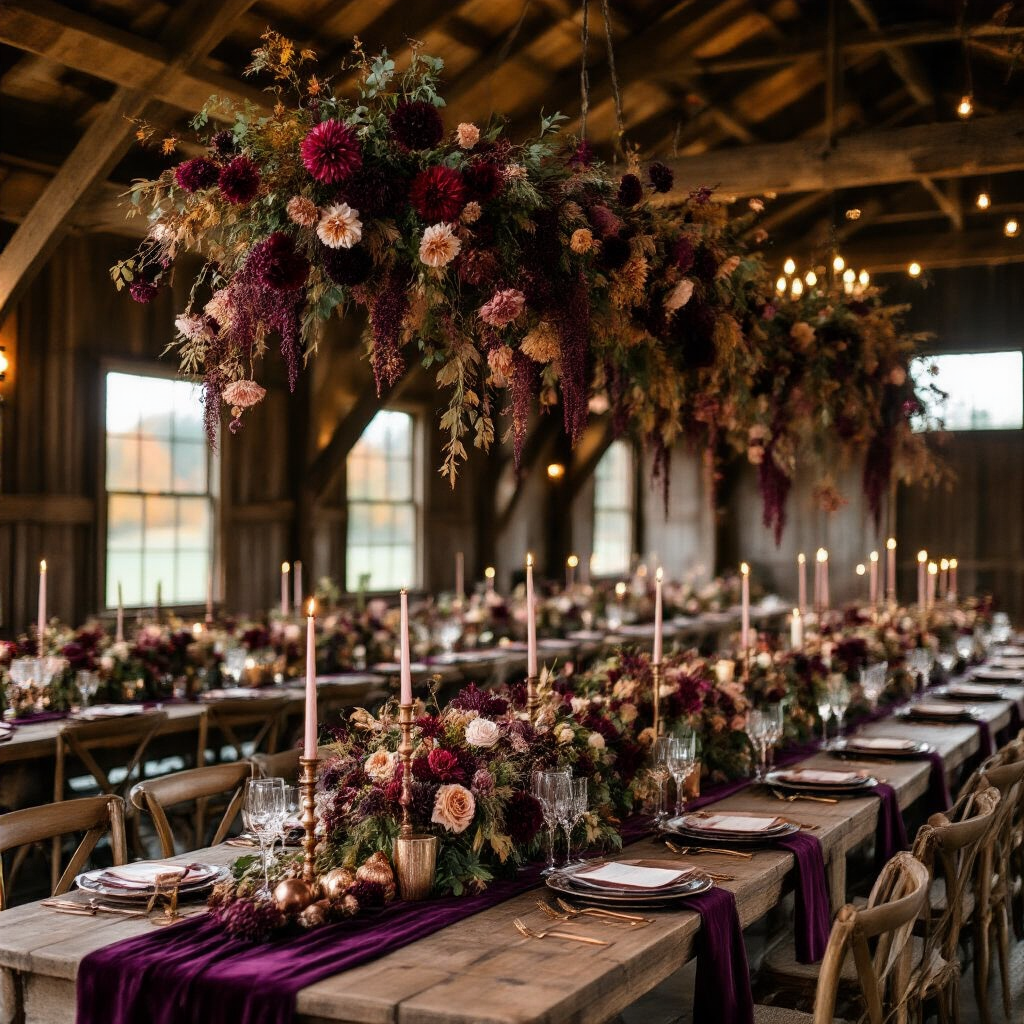 Wedding Color Schemes: The Only Guide You Need to Plan a Palette You'll Love Forever A cinematic wide-angle shot of a rustic barn wedding reception adorned with jewel-toned autumn decorations, featuring candlelit tables dressed in deep plum and ivory, overflowing floral centerpieces, and warm Edison bulb lighting for a moody, intimate atmosphere.