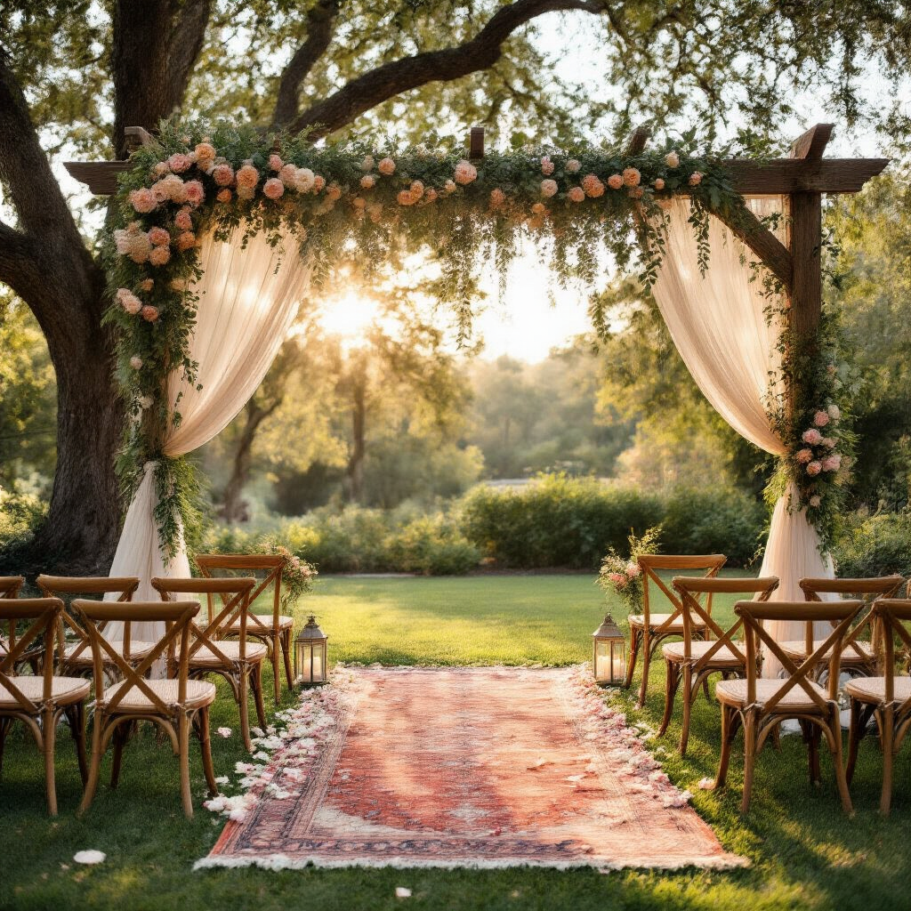 Backyard Wedding Decor: How to Turn Your Outdoor Space Into the Most Beautiful Wedding Venue You've Ever Seen Wide-angle shot of a sunlit backyard wedding venue under a weathered oak tree, featuring a wooden arch adorned with garden roses and greenery, a petal-strewn aisle with vintage lanterns, and mismatched chairs tied with linen ribbons, all bathed in golden hour light.