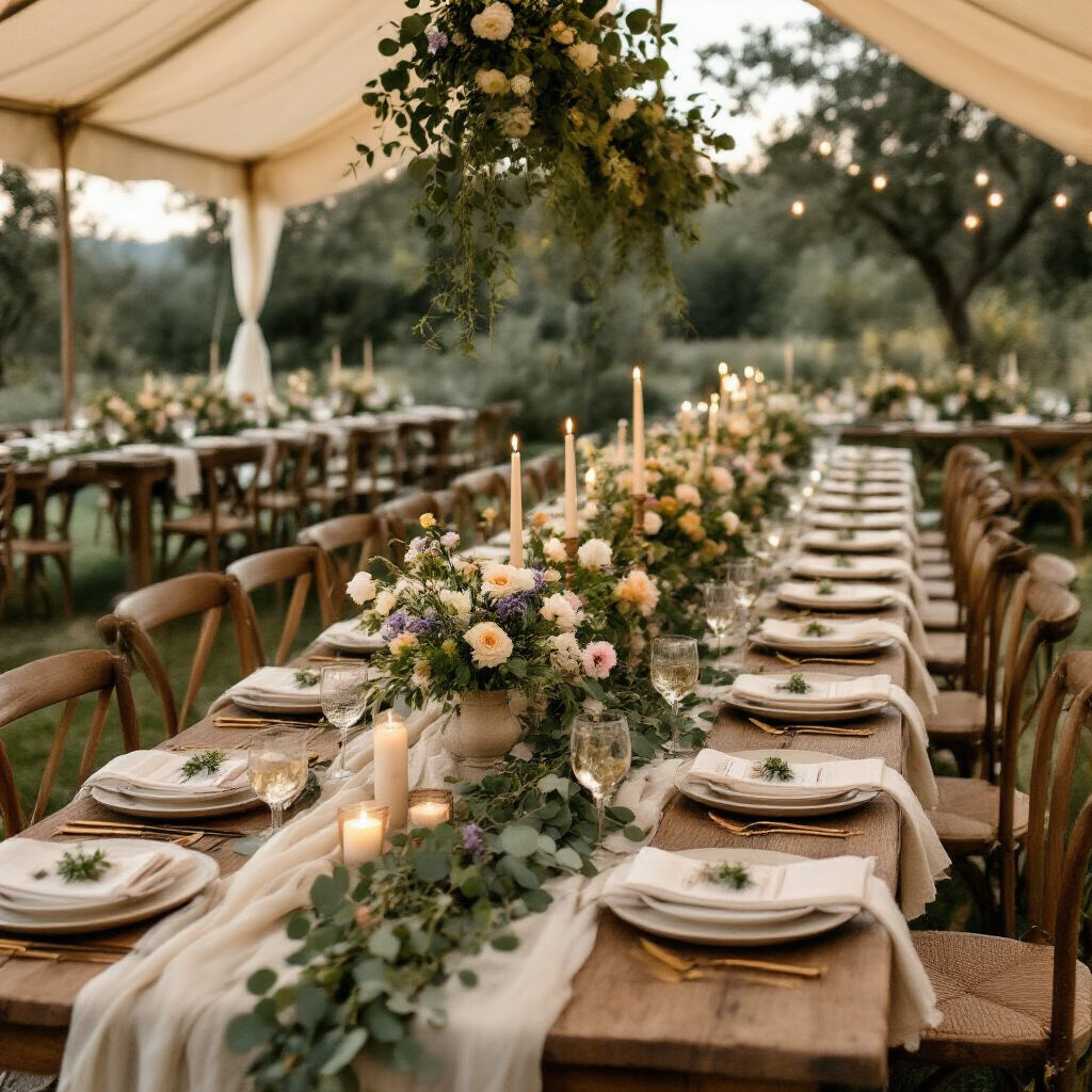 Backyard Wedding Decor: How to Turn Your Outdoor Space Into the Most Beautiful Wedding Venue You've Ever Seen A beautifully styled backyard wedding tablescape for forty guests under a cream sailcloth tent at dusk, featuring long raw oak harvest tables adorned with gauze linen runners, eucalyptus garlands, mismatched bud vases of ranunculus, and sweet peas. Off-white ceramic plates, aged gold flatware, and dried lavender napkin ties complement taper candles in various heights among terracotta pots of rosemary and thyme. Edison-bulb string lights create a warm ambiance in a color palette of warm ivory, blush, sage, and aged gold.