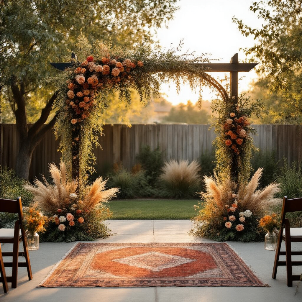 Backyard Wedding Decor: How to Turn Your Outdoor Space Into the Most Beautiful Wedding Venue You've Ever Seen Cinematic wide-angle photograph of a romantic backyard ceremony space at golden hour, featuring a matte black floral arch adorned with terracotta and dusty rose blooms, a vintage Moroccan rug on a concrete patio, shepherd's hooks with hanging glass jars of wildflowers, and a wall of climbing roses and ferns behind the arch, all bathed in warm amber light.
