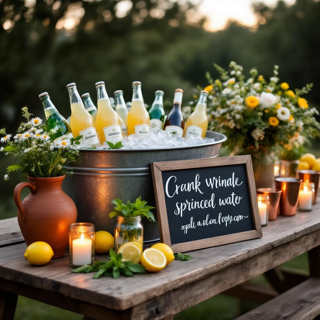 Backyard Wedding Decor: How to Turn Your Outdoor Space Into the Most Beautiful Wedding Venue You've Ever Seen Close-up of a backyard wedding reception bar station featuring a reclaimed trestle table styled at twilight, showcasing a galvanized tub of drinks, fresh garnish, candlelight, and a hand-lettered drink menu in a warm, inviting atmosphere.