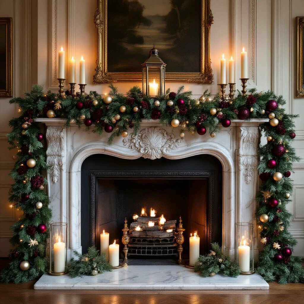 Bauble Garland Magic: The Ultimate Guide to DIY, Styling, and Stunning Holiday Decor A wide-angle shot of an opulent Victorian living room featuring an antique white marble fireplace mantel adorned with a lush garland of emerald, burgundy, and gold baubles, ivory pillar candles, and fresh pine. A central oversized lantern and glowing fairy lights create a warm, festive ambiance, complemented by luxurious silk velvet stockings hanging below.