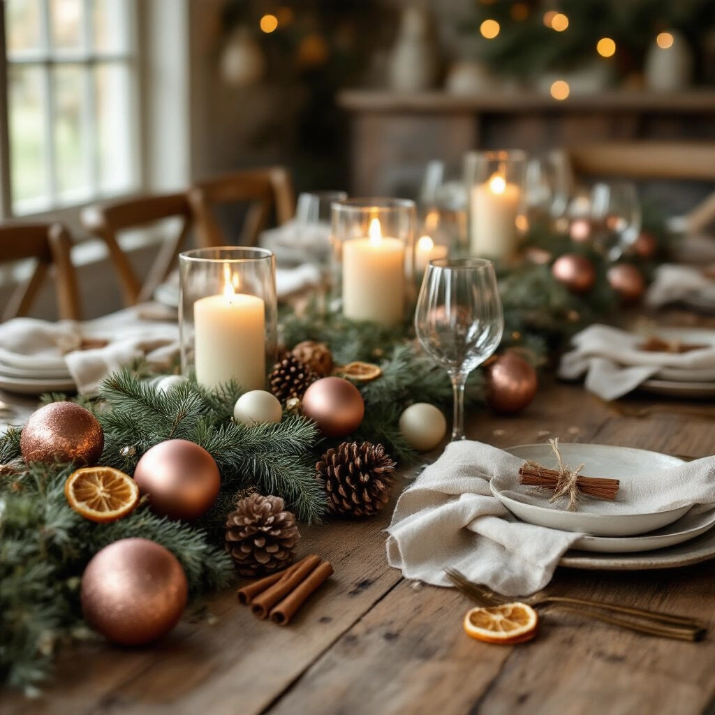 Bauble Garland Magic: The Ultimate Guide to DIY, Styling, and Stunning Holiday Decor Close-up of a handcrafted twine bauble garland in dusty rose, sage green, copper, and cream draped over a rustic wooden dining table set for Christmas, featuring glass hurricane candleholders, dried orange slices, cinnamon sticks, and pinecones, with warm ivory linen napkins and hand-thrown ceramic place settings. The scene is bathed in soft golden hour light, highlighting intricate textures and details.