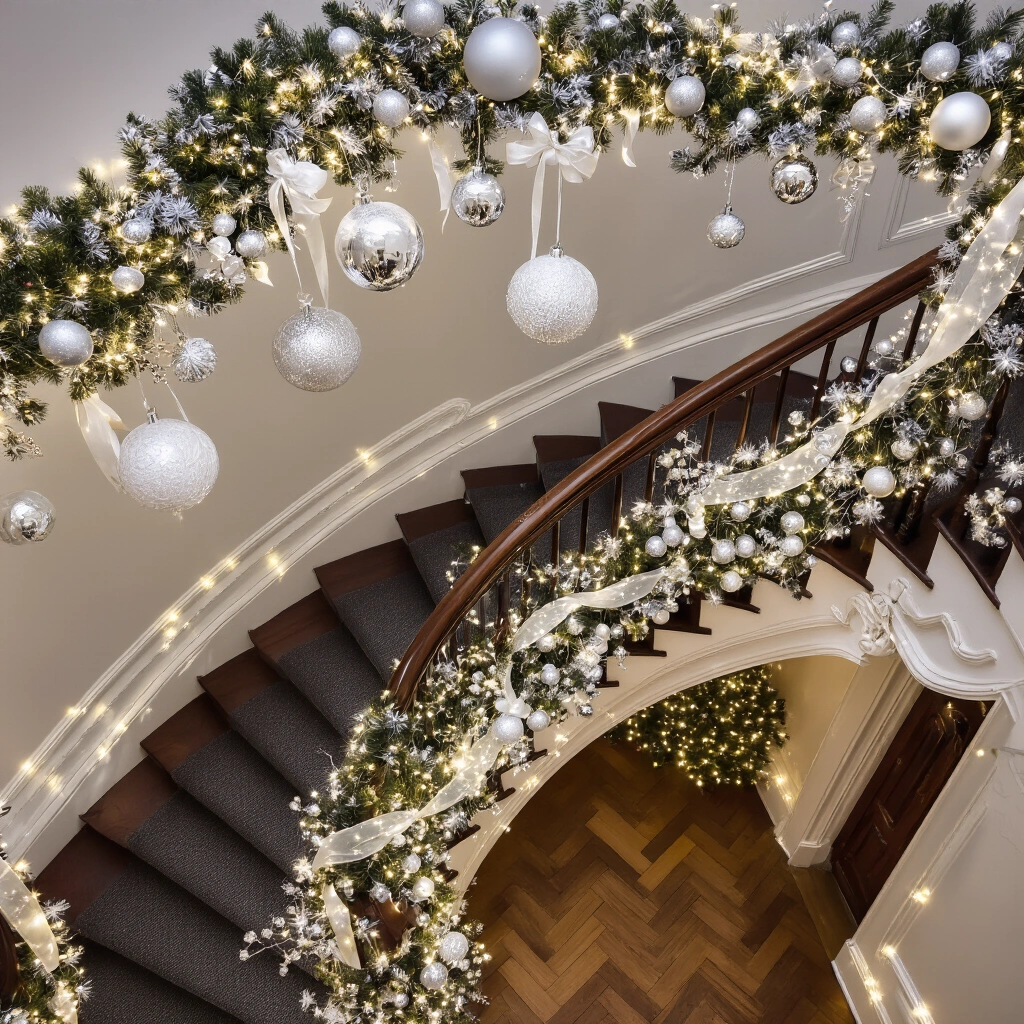 Bauble Garland Magic: The Ultimate Guide to DIY, Styling, and Stunning Holiday Decor A stunning overhead shot of an elegantly decorated Christmas staircase with a dark mahogany banister draped in a monochrome silver and white bauble garland, accented by sheer ribbons, glitter picks, and frosted berry sprays, illuminated by soft fairy lights, set against a herringbone parquet floor and a classic red Persian runner.