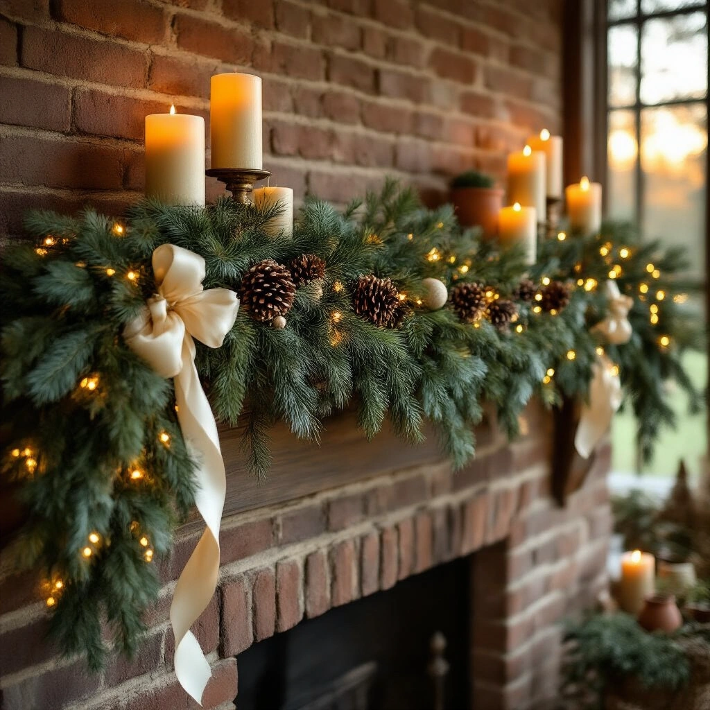 Homemade Garland Ideas That Actually Look Good (And Cost Almost Nothing) Wide-angle shot of a rustic farmhouse mantel adorned with a lush evergreen garland, fairy lights, and cream candles, creating a warm, intimate atmosphere at golden hour.