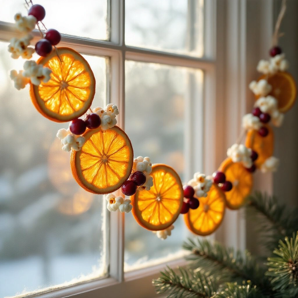 Homemade Garland Ideas That Actually Look Good (And Cost Almost Nothing) Close-up of a handcrafted garland made of dried citrus, cranberries, and popcorn, delicately draped across a frost-kissed window, with amber and saffron hues glowing in soft morning light, casting warm shadows on the white window trim, surrounded by fresh pine sprigs.