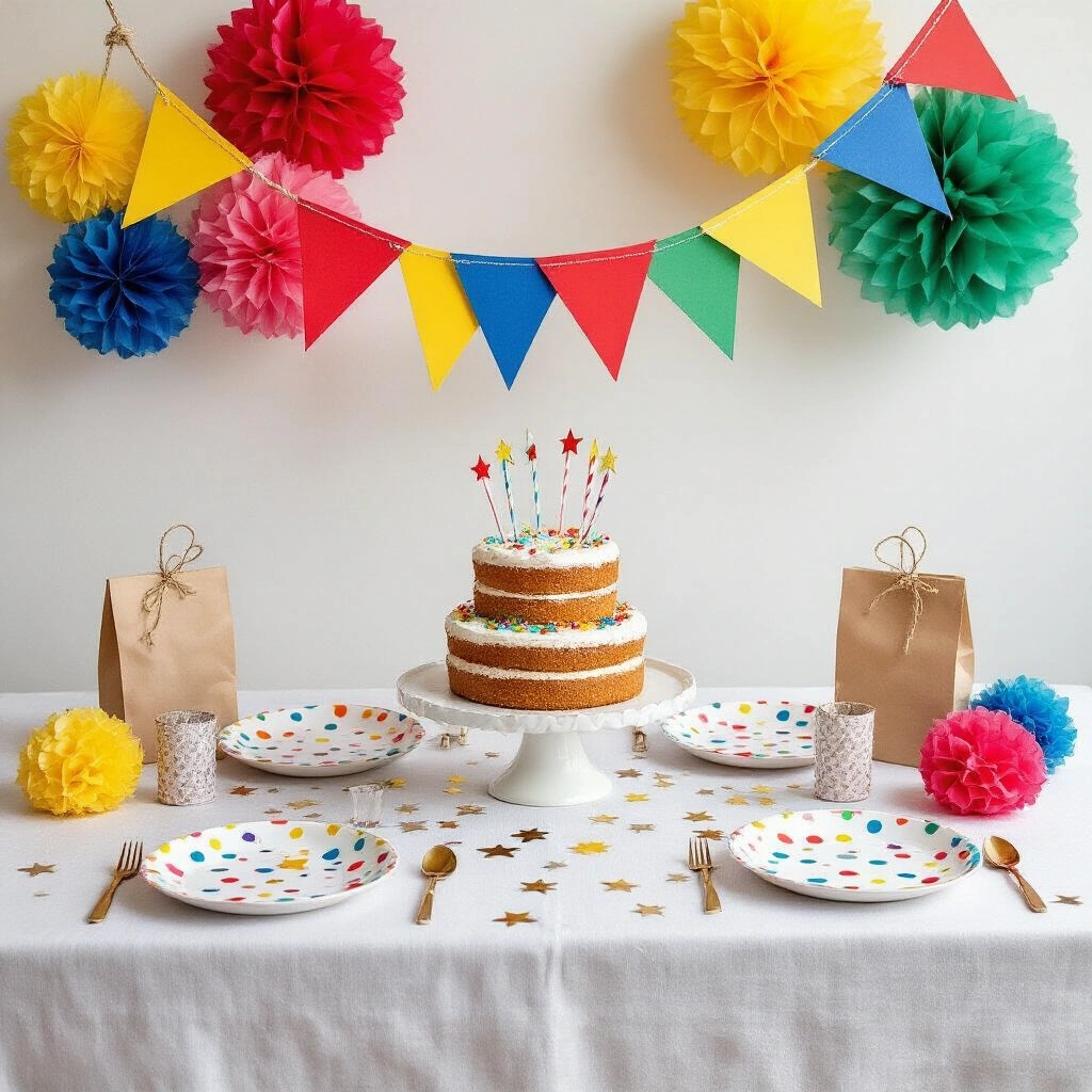 Homemade Garland Ideas That Actually Look Good (And Cost Almost Nothing) Overhead view of a colorful handmade paper bunting garland on a white linen party table for a children's birthday, featuring a two-tiered buttercream cake, mismatched polka-dot plates, custom kraft favor bags, and hanging tissue paper pompoms in bright primary colors.