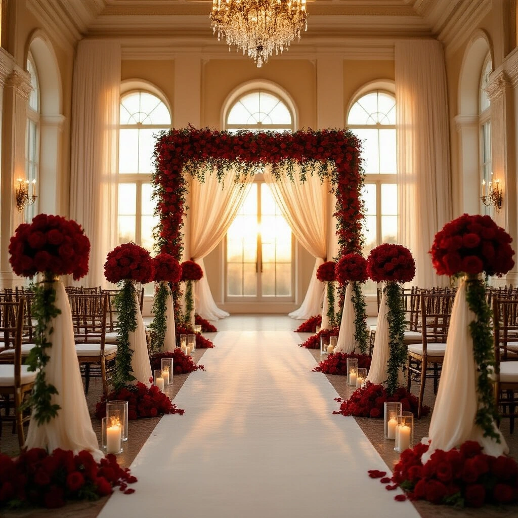 Red Rose Garland: Types, Uses, and How to Make Your Own Wide-angle shot of an elegant ballroom at golden hour featuring a towering ivory wedding arch adorned with cascading red rose garlands, surrounded by sheer cream drapery and warm amber light. Scattered candle clusters and rose-draped ceremony chairs enhance the romantic atmosphere, with a rich color palette of ruby red, ivory, and warm gold.