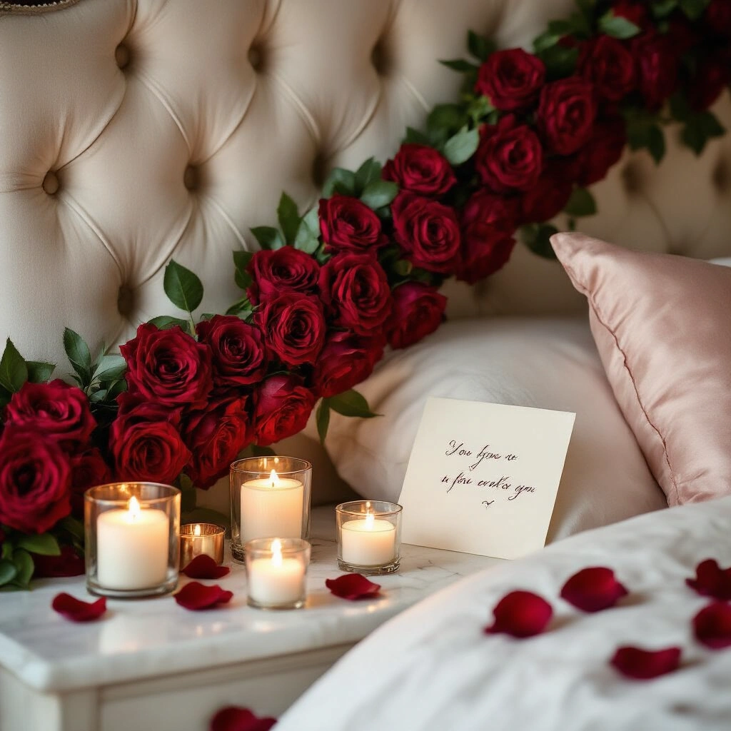 Red Rose Garland: Types, Uses, and How to Make Your Own Close-up of a Valentine's Day bedroom headboard with a crimson rose garland on an ivory velvet headboard, surrounded by tea light candles casting a warm glow. Scattered red rose petals on a white linen duvet, with a handwritten love note in calligraphy amidst glass candleholders. Color palette features deep red, cream, and warm gold, evoking an intimate and cozy atmosphere.